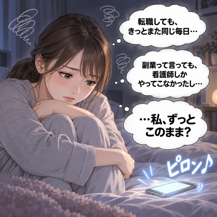 転職も副業も思いつかず落ち込む夜、スマホに通知が届く